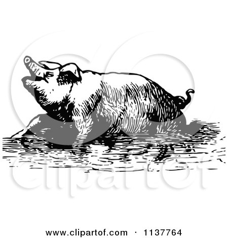 Clipart Of A Retro Vintage Black And White Pig Soaking In Mud - Royalty Free Vector Illustration by Prawny Vintage