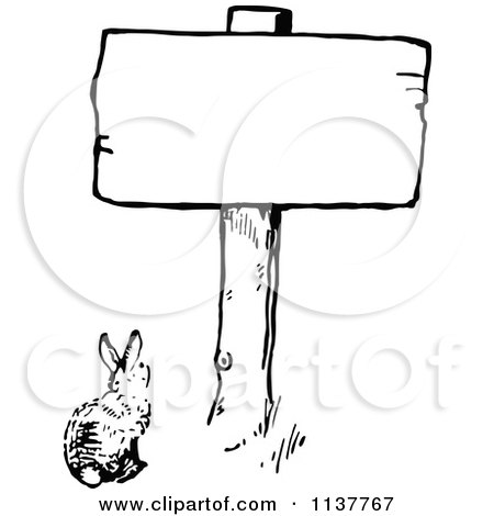 Clipart Of A Retro Vintage Black And White Bunny Under A Sign - Royalty Free Vector Illustration by Prawny Vintage