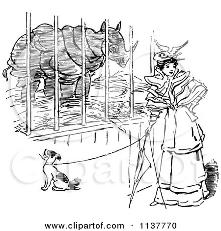 Clipart Of A Retro Vintage Black And White Woman And Dog By A Rhino Cage - Royalty Free Vector Illustration by Prawny Vintage