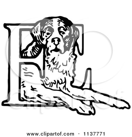 Clipart Of A Retro Vintage Black And White St Bernard Dog And Letter E - Royalty Free Vector Illustration by Prawny Vintage