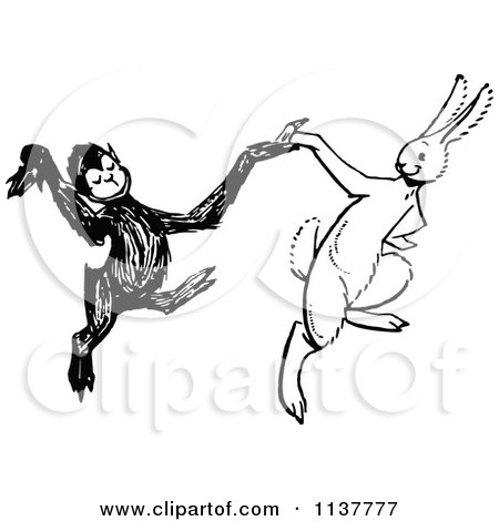 Clipart Of A Retro Vintage Black And White Monkey And Rabbit Dancing - Royalty Free Vector Illustration by Prawny Vintage