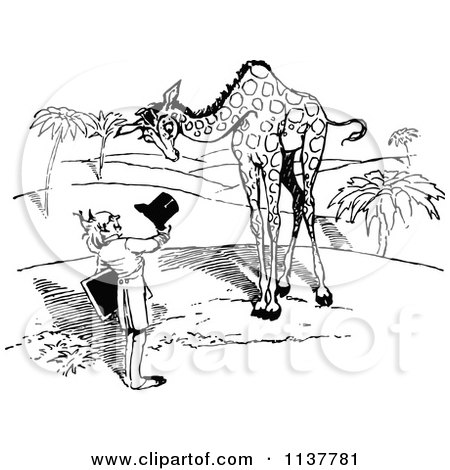 Clipart Of A Retro Vintage Black And White Man Introducing Himself To A Giraffe - Royalty Free Vector Illustration by Prawny Vintage