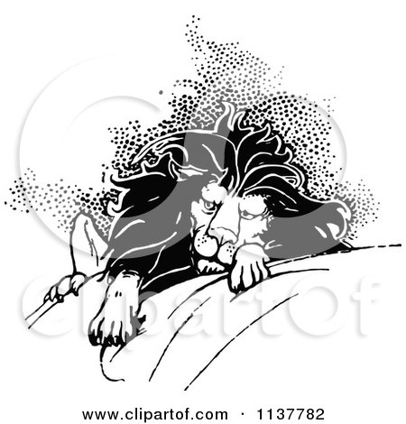 Clipart Of A Retro Vintage Black And White Tired Lion - Royalty Free Vector Illustration by Prawny Vintage