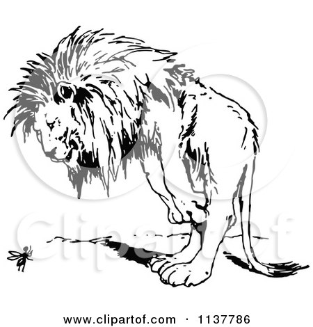 Clipart Of A Retro Vintage Black And White Lion Standing Over An Ant - Royalty Free Vector Illustration by Prawny Vintage