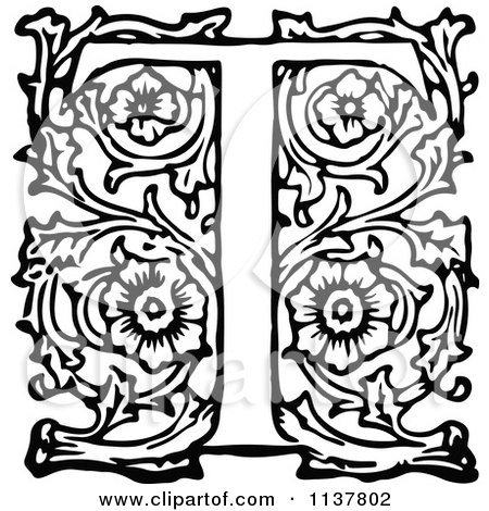 Clipart Of A Retro Vintage Black And White Ornate Letter T - Royalty Free Vector Illustration by Prawny Vintage