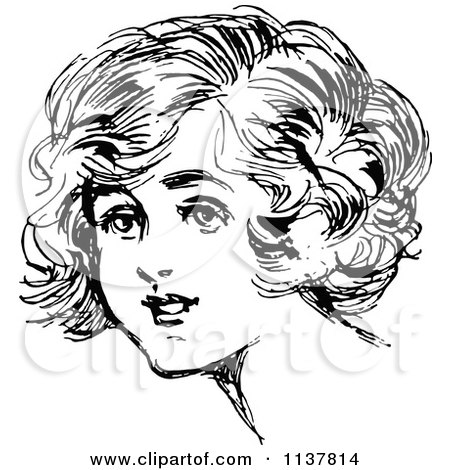 Clipart Of A Retro Vintage Black And White Girls Face 2 - Royalty Free Vector Illustration by Prawny Vintage