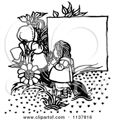 Clipart Of Retro Vintage Black And White Flowers And Girls By A Sign - Royalty Free Vector Illustration by Prawny Vintage