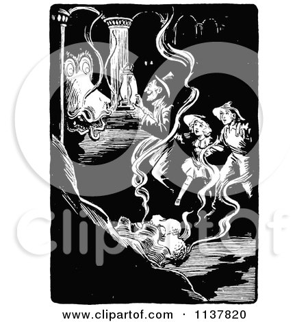 Clipart Of A Retro Vintage Black And White Dragon And People - Royalty Free Vector Illustration by Prawny Vintage