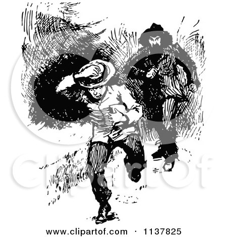 Clipart Of A Retro Vintage Black And White Man Chasing A Boy - Royalty Free Vector Illustration by Prawny Vintage