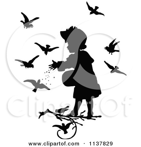 Clipart Of A Retro Vintage Silhouetted Girl Feeding Birds - Royalty Free Vector Illustration by Prawny Vintage