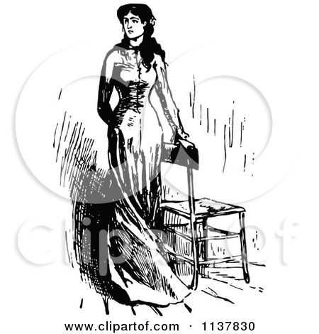 Clipart Of A Retro Vintage Black And White Beautiful Woman By A Chair - Royalty Free Vector Illustration by Prawny Vintage