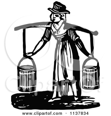 Clipart Of A Retro Vintage Black And White Lady Fetching Water - Royalty Free Vector Illustration by Prawny Vintage