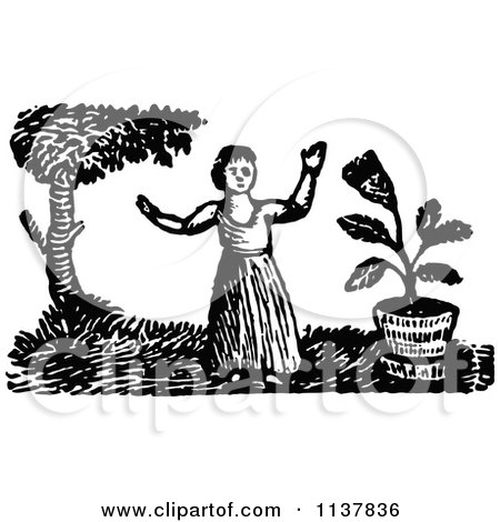 Clipart Of A Retro Vintage Black And White Lady Waving In A Garden - Royalty Free Vector Illustration by Prawny Vintage