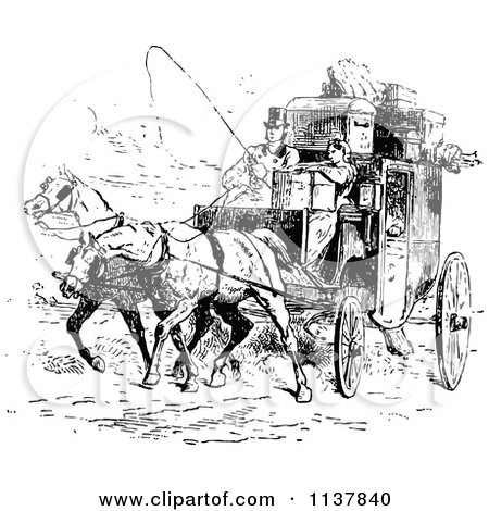 Clipart Of A Retro Vintage Black And White Moving Couple And Horse Drawn Carriage - Royalty Free Vector Illustration by Prawny Vintage