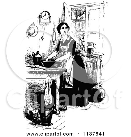 Clipart Of A Retro Vintage Black And White Lady In A Kitchen - Royalty Free Vector Illustration by Prawny Vintage