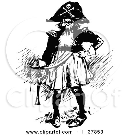 Clipart Of A Retro Vintage Black And White Evil Pirate - Royalty Free Vector Illustration by Prawny Vintage