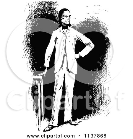 Clipart Of A Retro Vintage Black And White Man Standing By A Table - Royalty Free Vector Illustration by Prawny Vintage