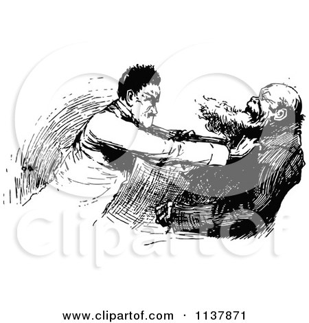 Clipart Of A Retro Vintage Black And White Man Attacking Another - Royalty Free Vector Illustration by Prawny Vintage