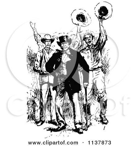 Clipart Of Retro Vintage Black And White Cheering Men Waving Hats - Royalty Free Vector Illustration by Prawny Vintage