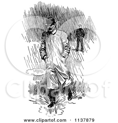Clipart Of A Retro Vintage Black And White Man Walking In Rain - Royalty Free Vector Illustration by Prawny Vintage