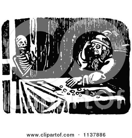 Clipart Of A Retro Vintage Black And White Man And Skeleton At The Door - Royalty Free Vector Illustration by Prawny Vintage