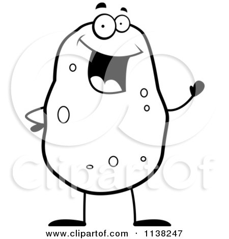 Cartoon Clipart Of An Outlined Black And White Waving Potato Character - Black And White Vector Coloring Page by Cory Thoman