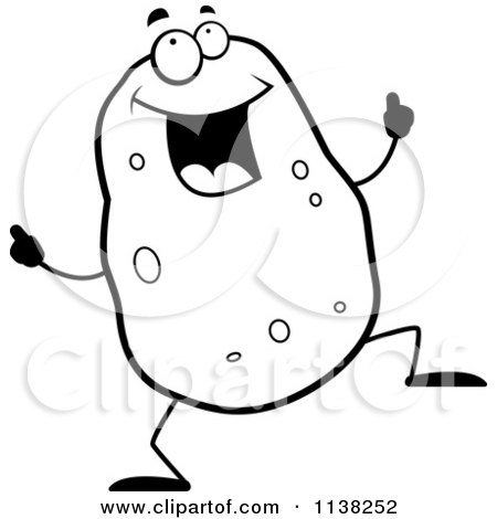 Cartoon Clipart Of An Outlined Black And White Dancing Potato Character - Black And White Vector Coloring Page by Cory Thoman