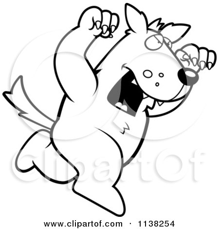 Cartoon Clipart Of An Outlined Outlined Attacking Wolf - Black And White Vector Coloring Page by Cory Thoman