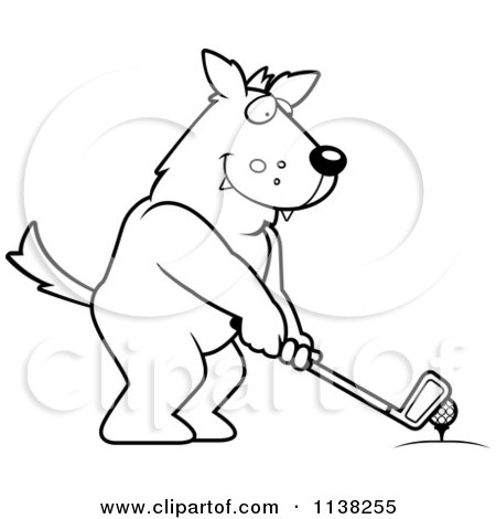 Cartoon Clipart Of An Outlined Golfing Wolf Holding The Club Against The Ball On The Tee - Black And White Vector Coloring Page by Cory Thoman