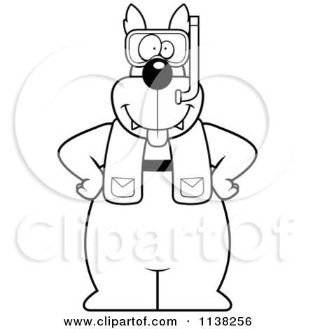 Cartoon Clipart Of An Outlined Wolf In Scuba Gear - Black And White Vector Coloring Page by Cory Thoman