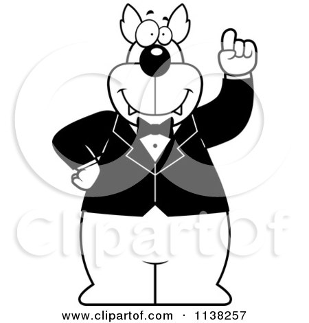Cartoon Clipart Of An Outlined Wolf With An Idea Wearing A Tuxedo - Black And White Vector Coloring Page by Cory Thoman