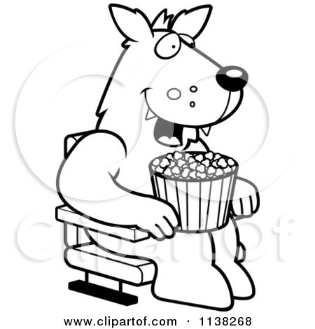 Cartoon Clipart Of An Outlined Happy Wolf With Popcorn At The Movie Theater - Black And White Vector Coloring Page by Cory Thoman
