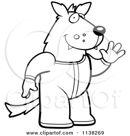 Cartoon Clipart Of An Outlined Waving Wolf In Footie Pajamas - Black And White Vector Coloring Page by Cory Thoman