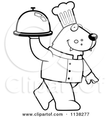 Cartoon Clipart Of An Outlined Wolf Chef Walking With A Platter - Black And White Vector Coloring Page by Cory Thoman