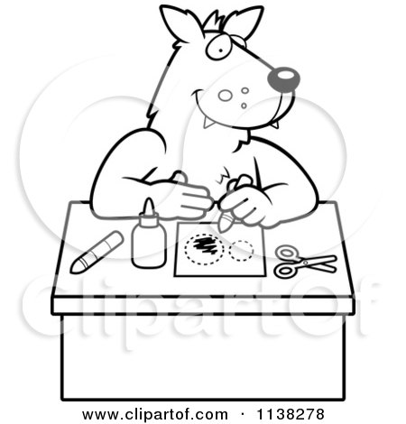 Cartoon Clipart Of An Outlined Arts And Crafts Wolf - Black And White Vector Coloring Page by Cory Thoman