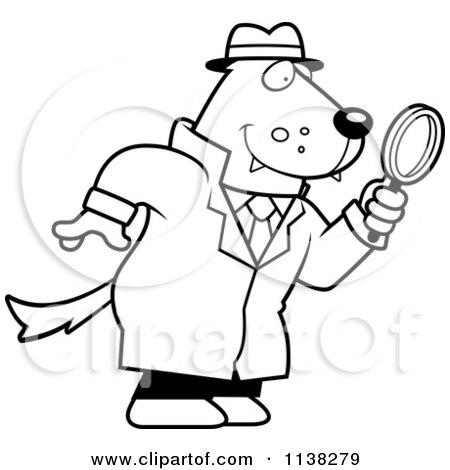 Cartoon Clipart Of An Outlined Wolf Detective Using A Magnifying Glass - Black And White Vector Coloring Page by Cory Thoman