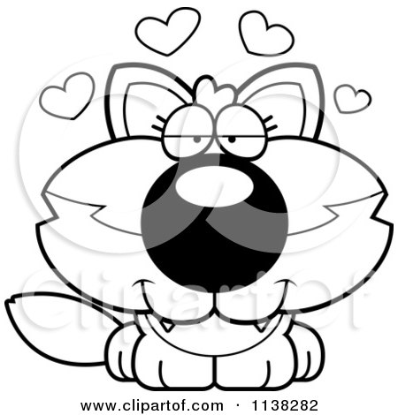 Cartoon Clipart Of An Outlined Cute Baby Wolf In Love - Black And White Vector Coloring Page by Cory Thoman