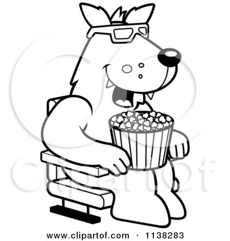 Cartoon Clipart Of An Outlined Wolf Eating Popcorn And Watching A 3d Movie At The Theater - Black And White Vector Coloring Page by Cory Thoman