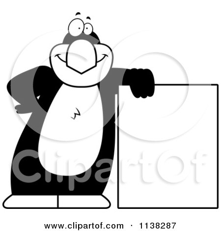 Cartoon Clipart Of An Outlined Penguin Leaning On A Sign - Black And White Vector Coloring Page by Cory Thoman