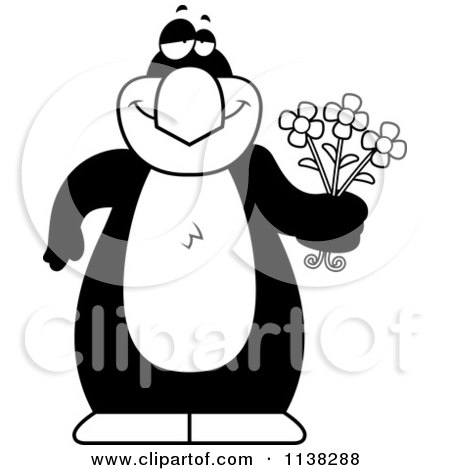 Cartoon Clipart Of An Outlined Amorous Penguin Holding Flowers - Black And White Vector Coloring Page by Cory Thoman