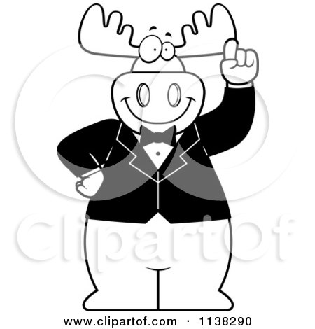 Cartoon Clipart Of An Outlined Happy Moose With An Idea Wearing A Tux - Black And White Vector Coloring Page by Cory Thoman