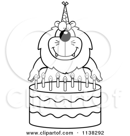 Cartoon Clipart Of An Outlined Lion Making A Wish Over Candles On A Birthday Cake - Black And White Vector Coloring Page by Cory Thoman