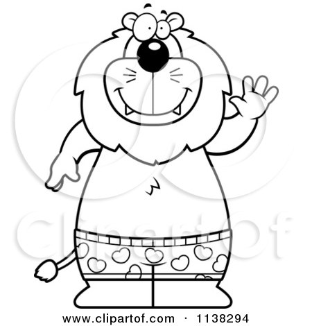 Cartoon Clipart Of An Outlined Happy Lion Waving And Wearing Boxers - Black And White Vector Coloring Page by Cory Thoman