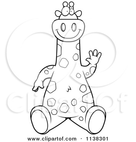 Cartoon Clipart Of An Outlined Giraffe Sitting And Waving - Black And White Vector Coloring Page by Cory Thoman