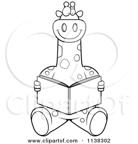Cartoon Clipart Of An Outlined Giraffe Sitting And Reading - Black And White Vector Coloring Page by Cory Thoman