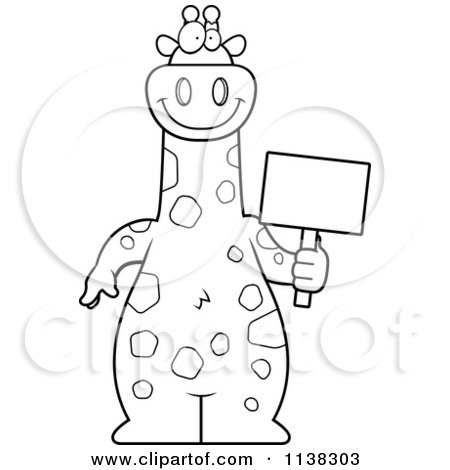 Cartoon Clipart Of An Outlined Giraffe Holding A Sign - Black And White Vector Coloring Page by Cory Thoman