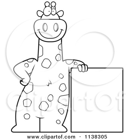 Cartoon Clipart Of An Outlined Giraffe Leaning On A Sign - Black And White Vector Coloring Page by Cory Thoman
