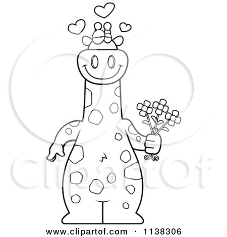 Cartoon Clipart Of An Outlined Amorous Giraffe Holding Flowers - Black And White Vector Coloring Page by Cory Thoman