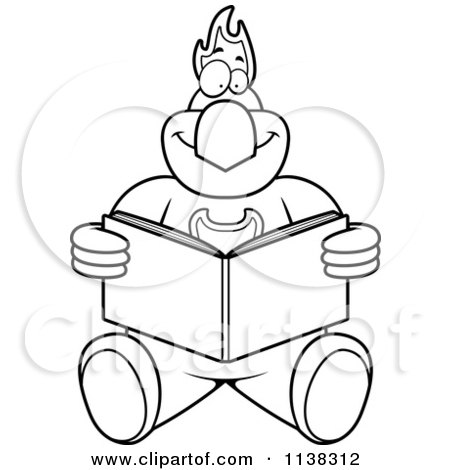 Cartoon Clipart Of An Outlined Phoenix Bird Reading - Black And White Vector Coloring Page by Cory Thoman