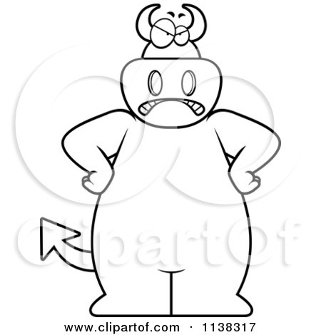 Cartoon Clipart Of An Outlined Mad Big  Devil - Black And White Vector Coloring Page by Cory Thoman